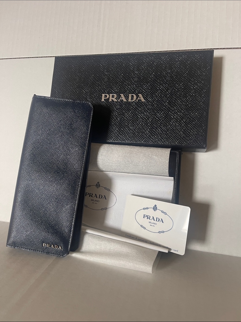 Prada Navy Saffiano Leather Key & Card Holder with Gold Logo